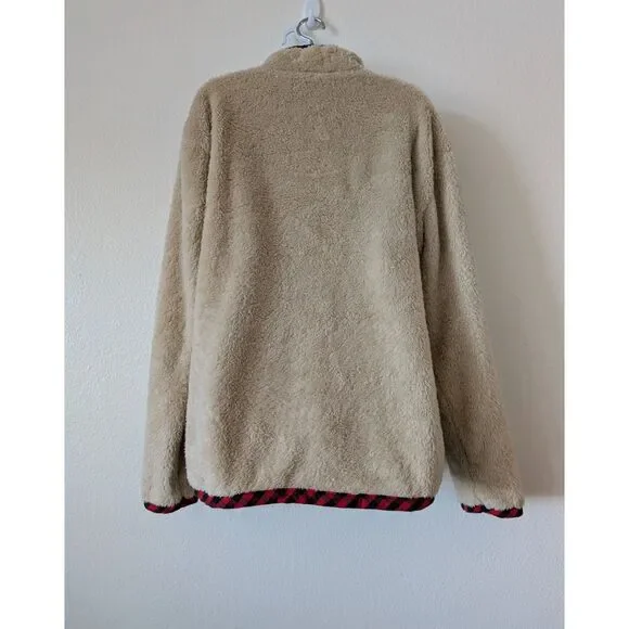 Cozy Sherpa Fleece Pullover Plaid Trim Quarter-Button Collar w/ Pockets - Picture 3 of 10